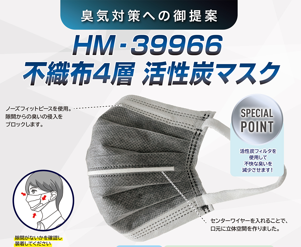 製品紹介:「HM-39966 不織布4層活性炭マスク(耳掛け)」